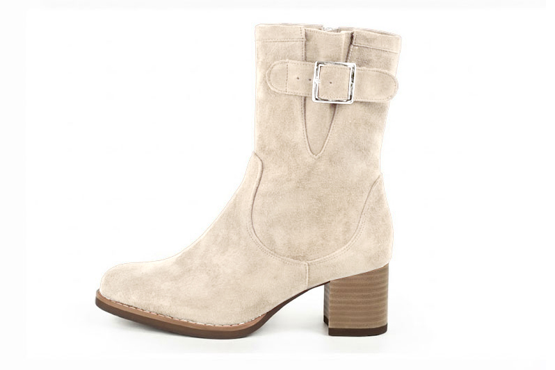 Women's cream side-buckle ankle boots with round toe and mid block heel - Profile view